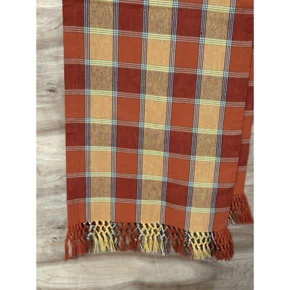 Pier One Plaid Fringe Table Runner Cloth 14” x 72" Orange Spice Fall Brown - Picture 4 of 4
